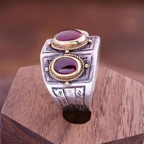 Konstantino Garnet Three Stone Sterling Silver/22k Yellow Gold Ring Size 7.25 - Picture 3 of 10